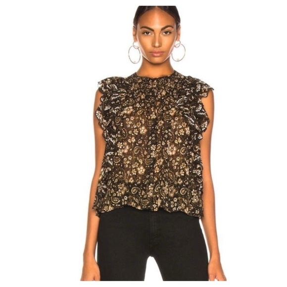 Ulla Johnson Addie Silk Dark Frills Ruffle Top Forest Floral Print Blouse - Picture 1 of 16